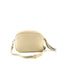 An image of a small cream leather messenger bag with a leather tassel on the zip which opens across the top of the bag.