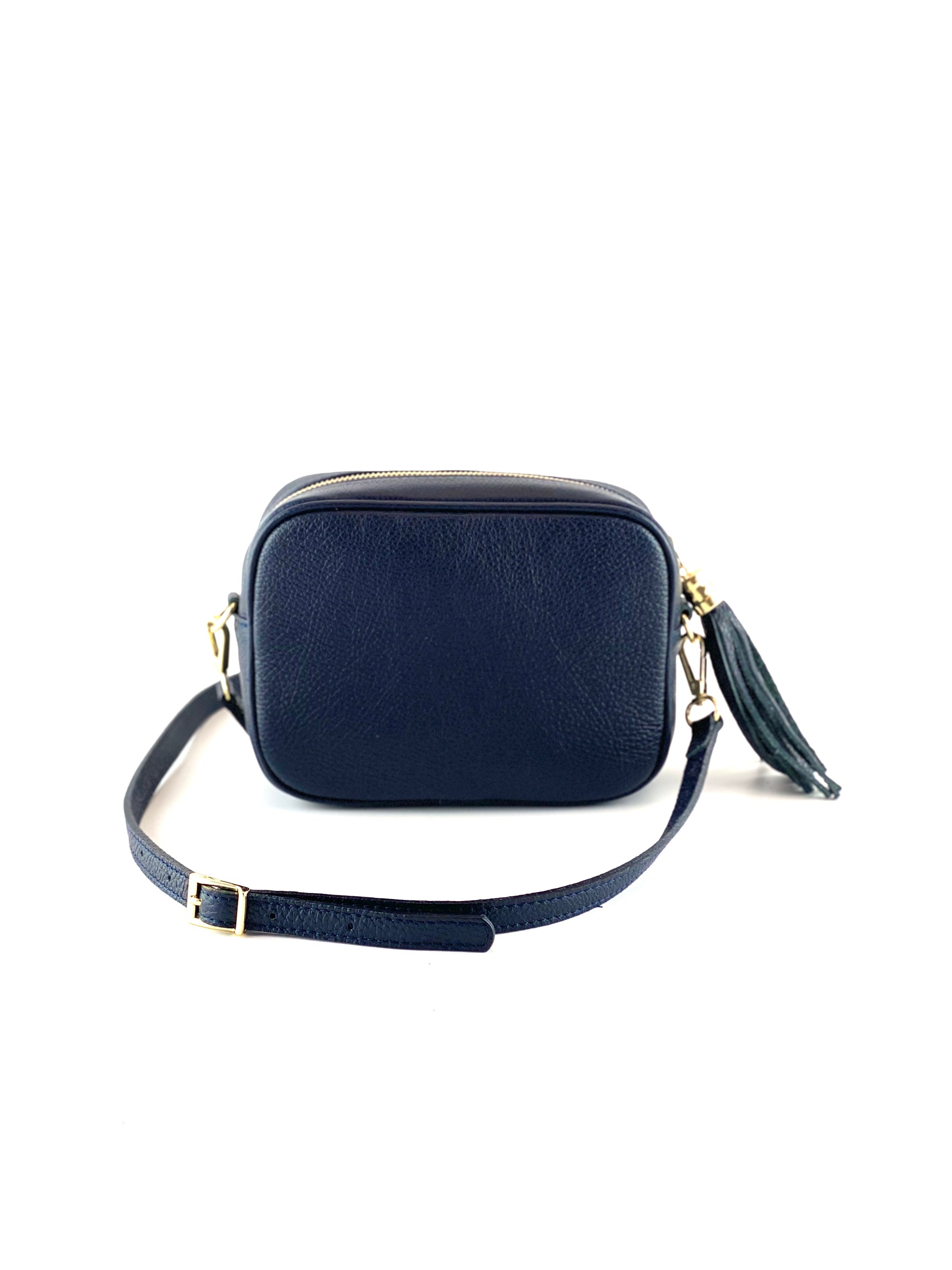 An image of a small navy blue leather messenger bag with a leather tassel on the zip which opens across the top of the bag.